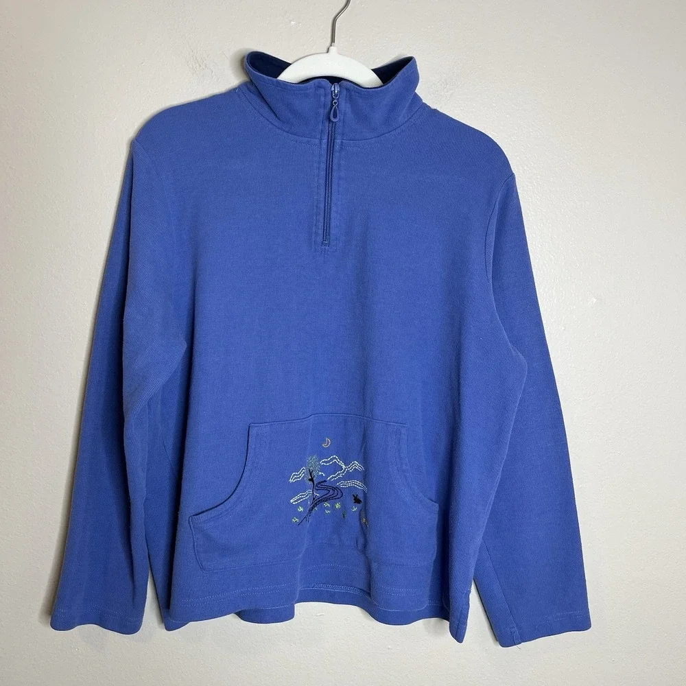 womens quarter zip Pullover Blue Embroidered Preppy Cottage‎ VTG L 90s Nature - Picture 4 of 7